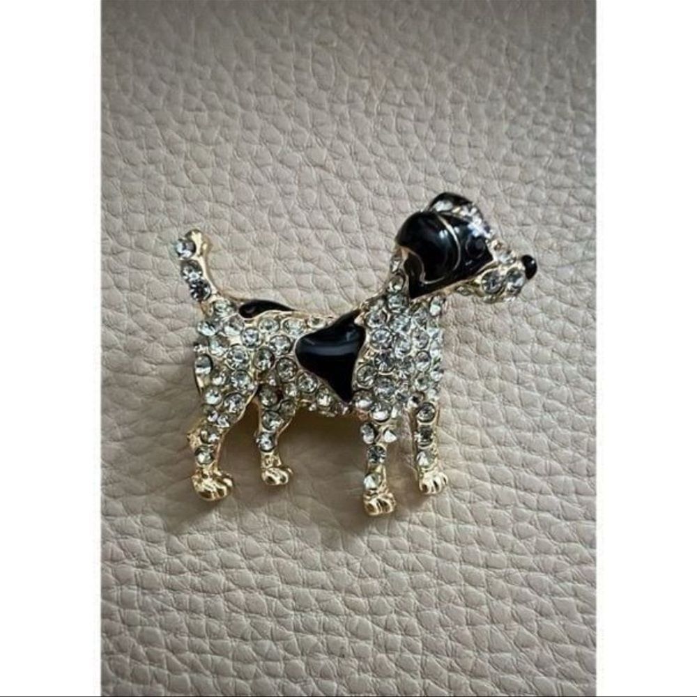 Brooch pin dog Labrador retriever black enamel metal rhinestone white gold tone